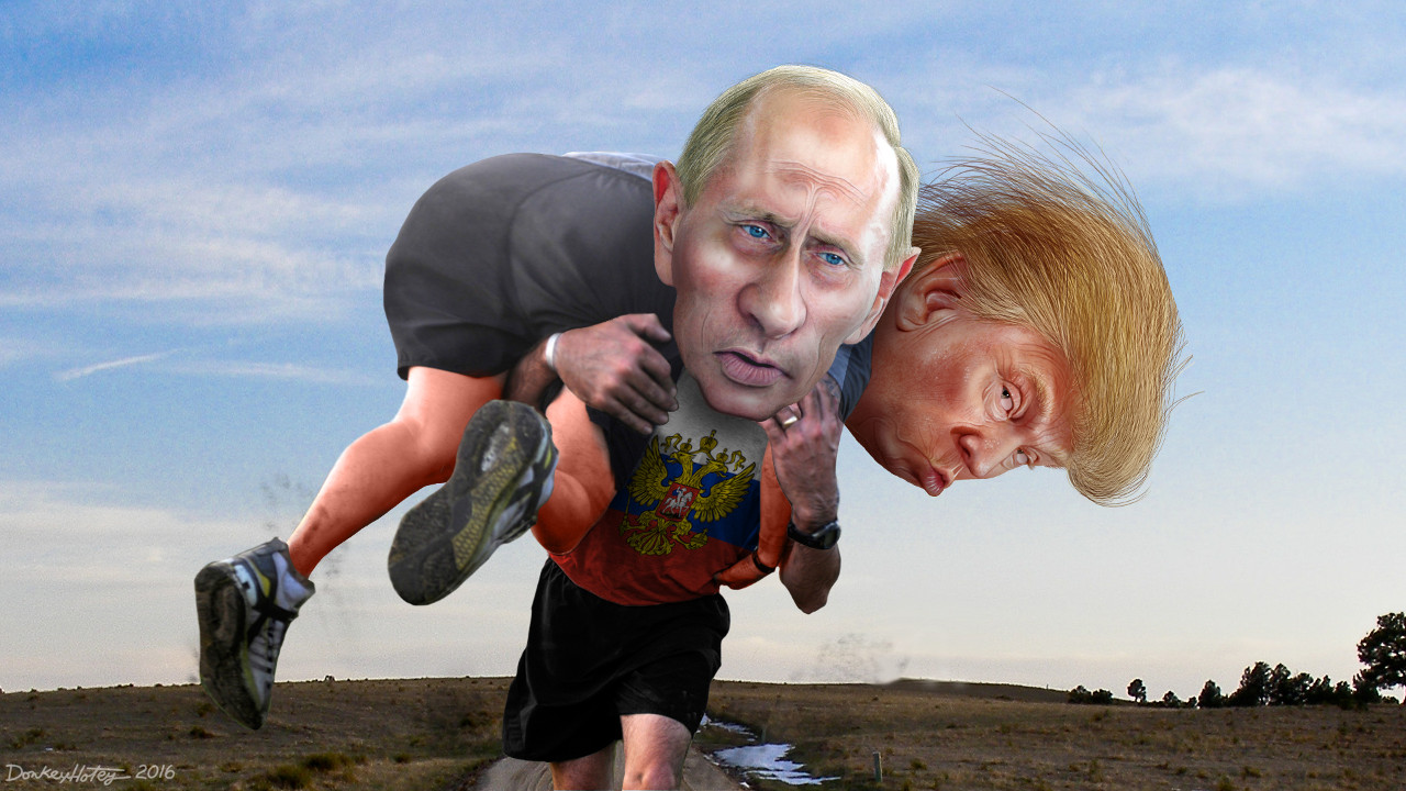 Is Vladimir Putin helping Donald Trump win the race for President of the United States? Credit: DonkeyHotey, https://www.flickr.com/photos/donkeyhotey/28512617446/